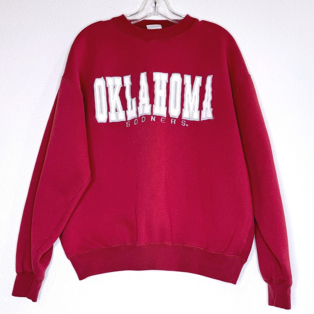 University of OKLAHOMA Sooners Sweatshirt LG Red‎ Appliqued Logo College Red Oak